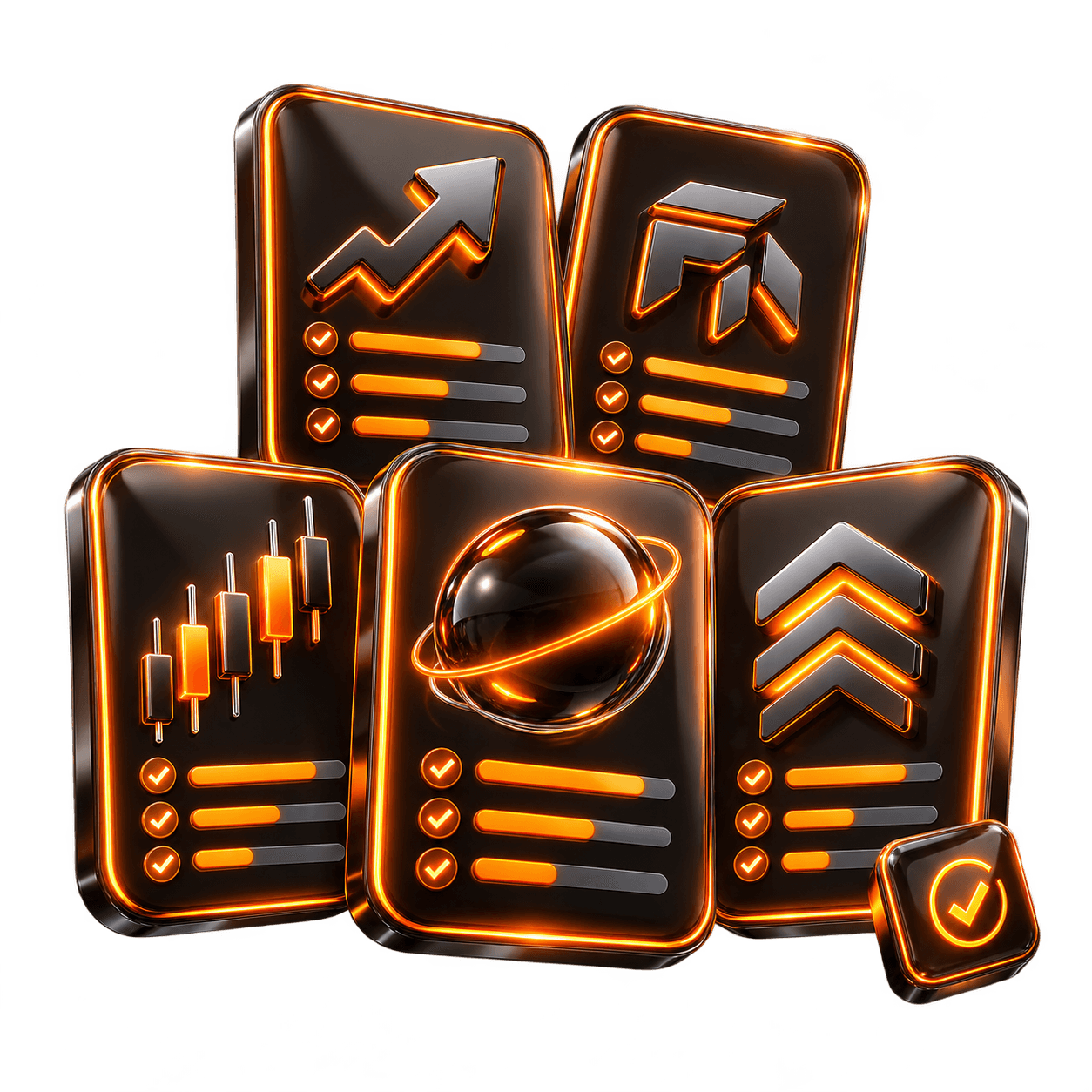 Floating black prop trading cards with illuminated orange edges